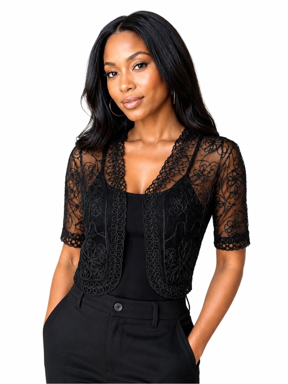 Handmade Black Lace Crochet Short Sleeve Tunic Jacket